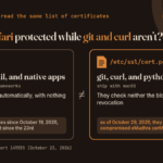Diagram: on macOS, Safari and native apps use Apple's block of the eMudhra certificates, while git, curl, and python3 read the file /etc/ssl/cert.pem