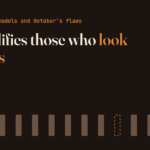 Dark brown background with the headline "AI amplifies those who look for flaws", "look for flaws" in orange. Below, sixteen vertical brown bars: one is a dashed orange outline, like a lever taken out. Typography and geometric shapes only.