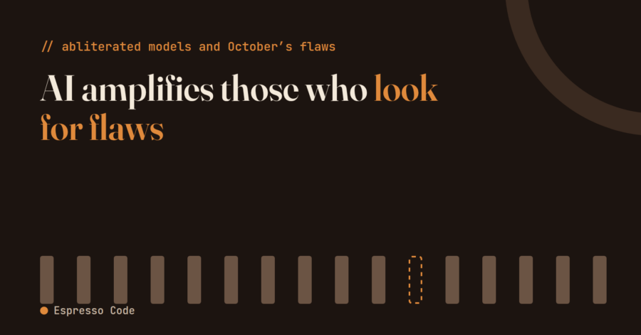 Dark brown background with the headline "AI amplifies those who look for flaws", "look for flaws" in orange. Below, sixteen vertical brown bars: one is a dashed orange outline, like a lever taken out. Typography and geometric shapes only.