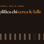Fondo marrone scuro con la scritta "L'AI amplifica chi cerca le falle", con "cerca le falle" in arancione. Sotto, sedici barre verticali marroni: una è un contorno arancione tratteggiato, come una leva tolta. Solo tipografia e forme geometriche.