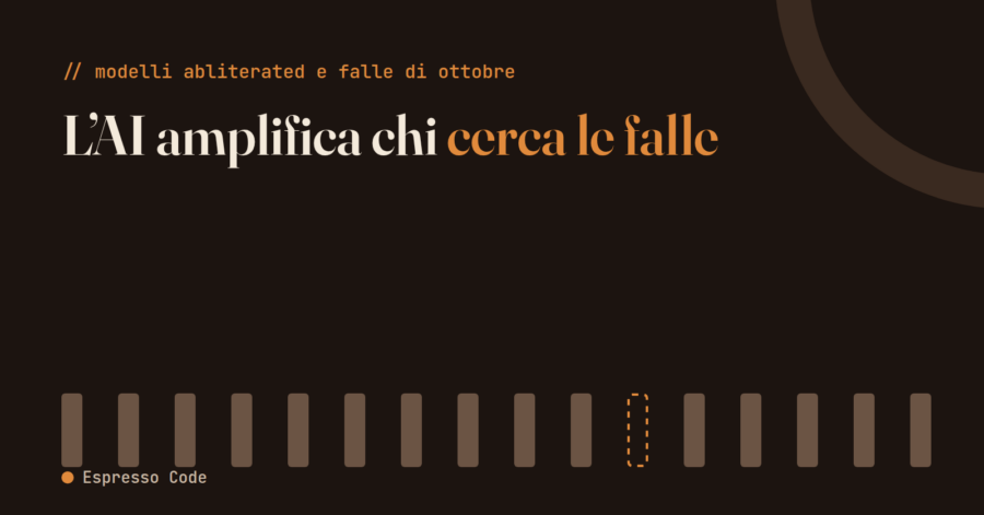 Fondo marrone scuro con la scritta "L'AI amplifica chi cerca le falle", con "cerca le falle" in arancione. Sotto, sedici barre verticali marroni: una è un contorno arancione tratteggiato, come una leva tolta. Solo tipografia e forme geometriche.
